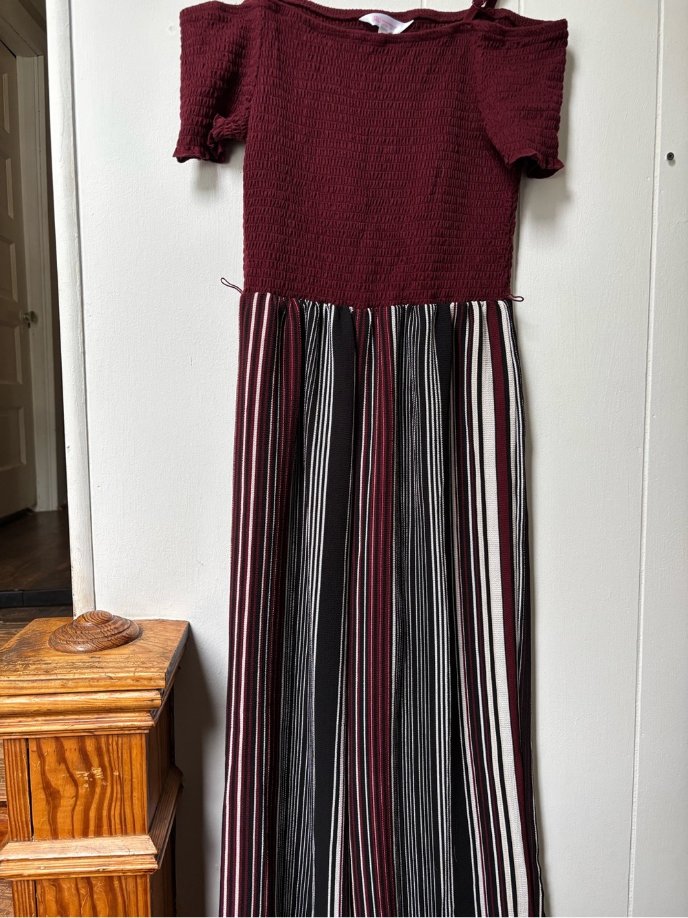No Boundaries Burgundy Off-Shoulder Maxi Dress with Striped Skirt